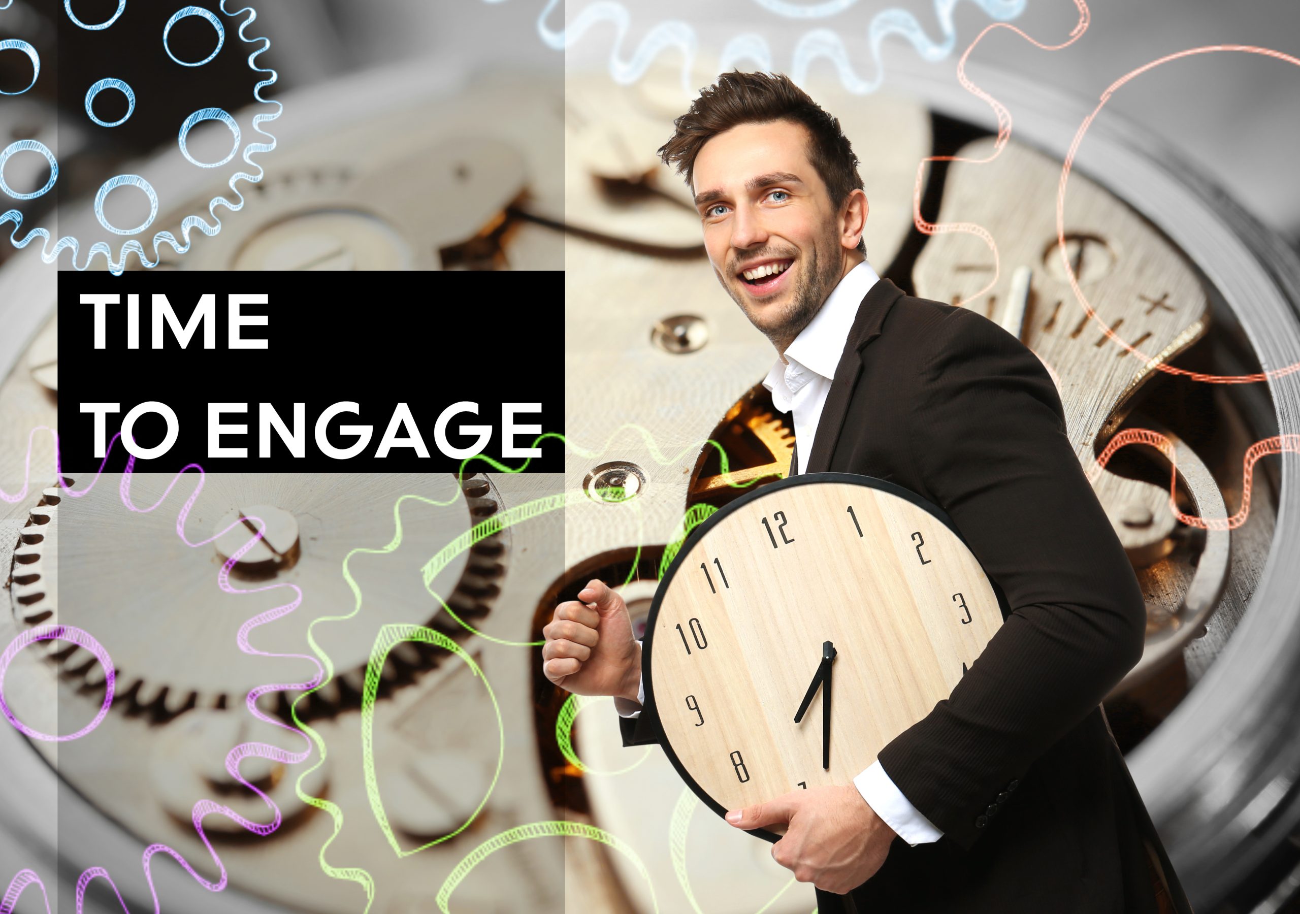 Young businessman and clock mechanism on background. Concept of business engagement
