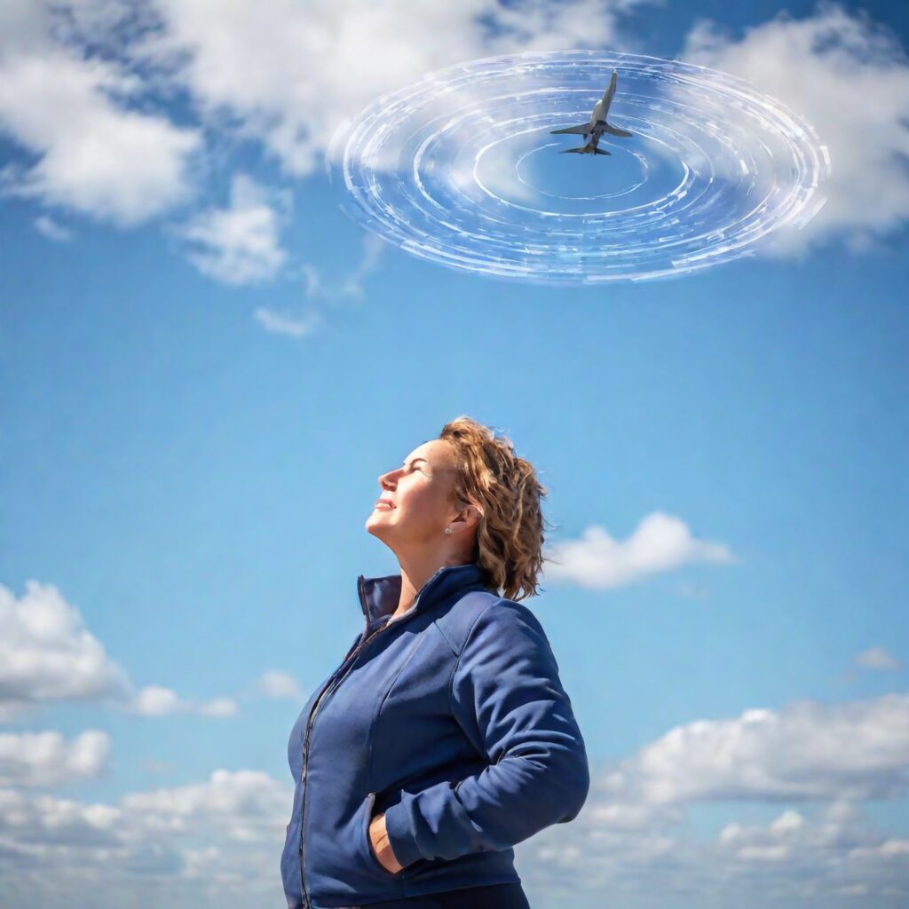 Depositphotos_woman-looking-up-with-airplane=digital-sonar-in-sky-AI_generated